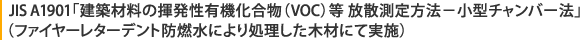 JIS A1901「建築材料の揮発性有機化合物（VOC）等 放散測定方法－小型チャンバー法」（ファイヤーレターデント防燃水により処理した木材にて実施）